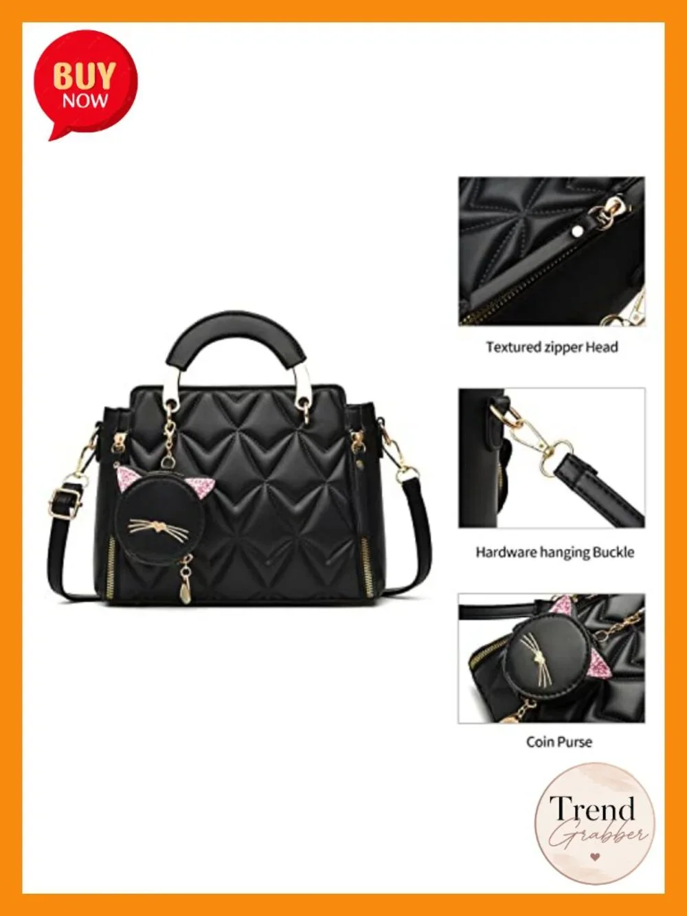PU Leather Satchel Handbag Crossbody Shoulder Bag Small Tote with Kitten Pendant